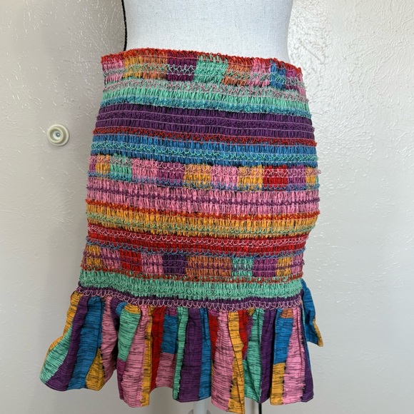 Farm Rio Anthropologie Colorful Embroidered Stripe Ruffle Mini Skirt Size Medium - Picture 2 of 10